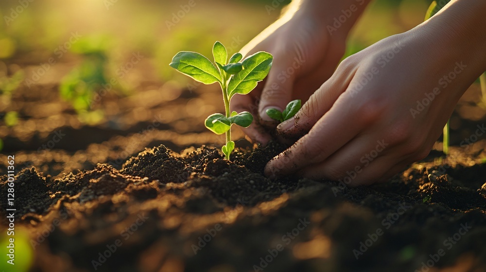 Fototapeta premium Human hands planting a tree in the soil at sunset. Earth day concept.