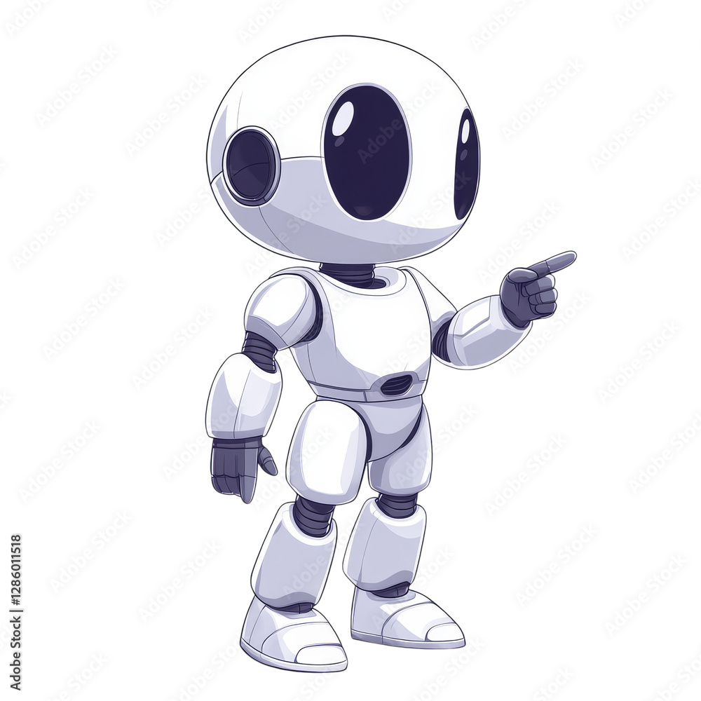 Cute futuristic cartoon robot with big eyes pointing in a friendly gesture Cute futuristic cartoon robot with big eyes pointing in a friendly gesture