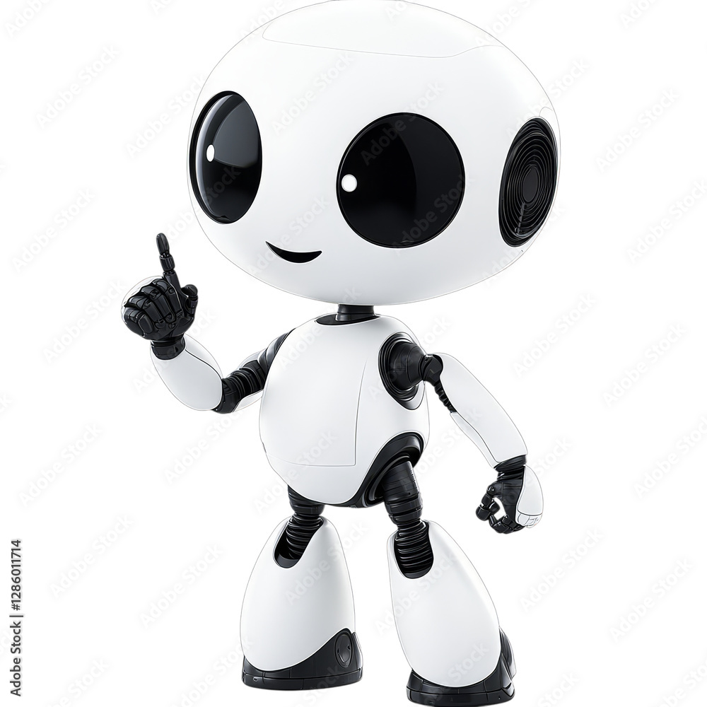 Futuristic white robot with black details and expressive eyes pointing upwards Futuristic white robot with black details and expressive eyes pointing upwards