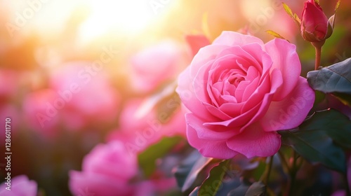 Pink Rose in a Garden at Sunset