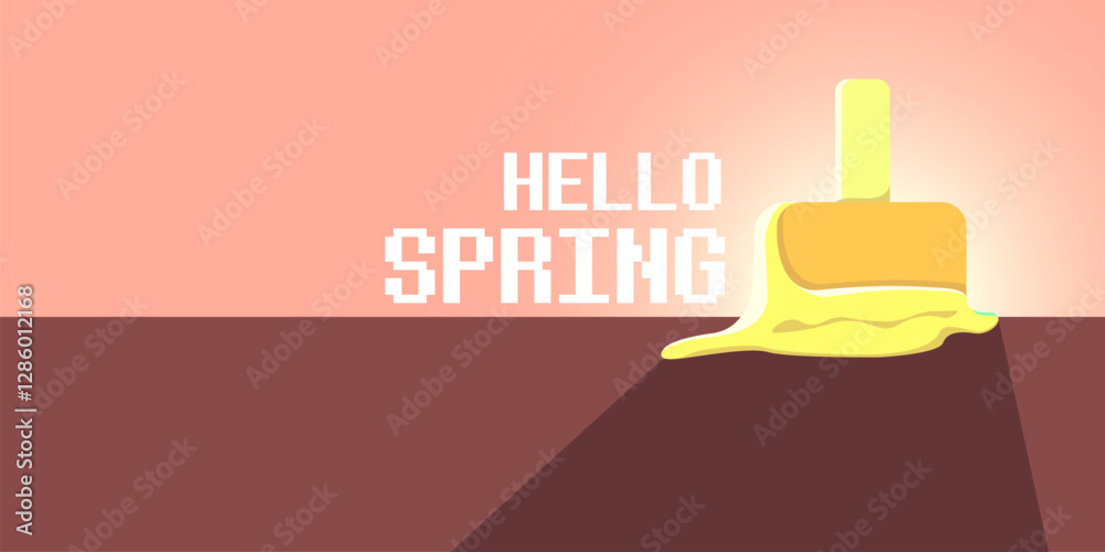 vector hello spring horizontal banner with flat melt ice cream isolated on pink sky background. Hello March Springtime background, poster, flyer and banner vector hello spring horizontal banner with flat melt ice cream isolated on pink sky background. Hello March Springtime background, poster, flyer and banner