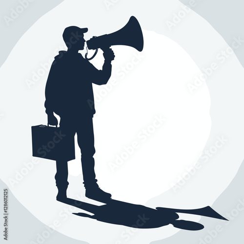 Silhouette of a man with a megaphone and a briefcase, making an announcement or speech against a light background.

