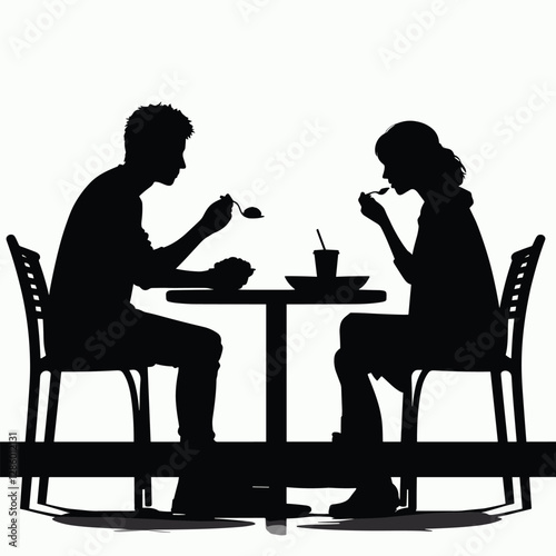 Silhouette of a couple dining at a table, enjoying a meal together, symbolizing romance, social interaction, and connection.