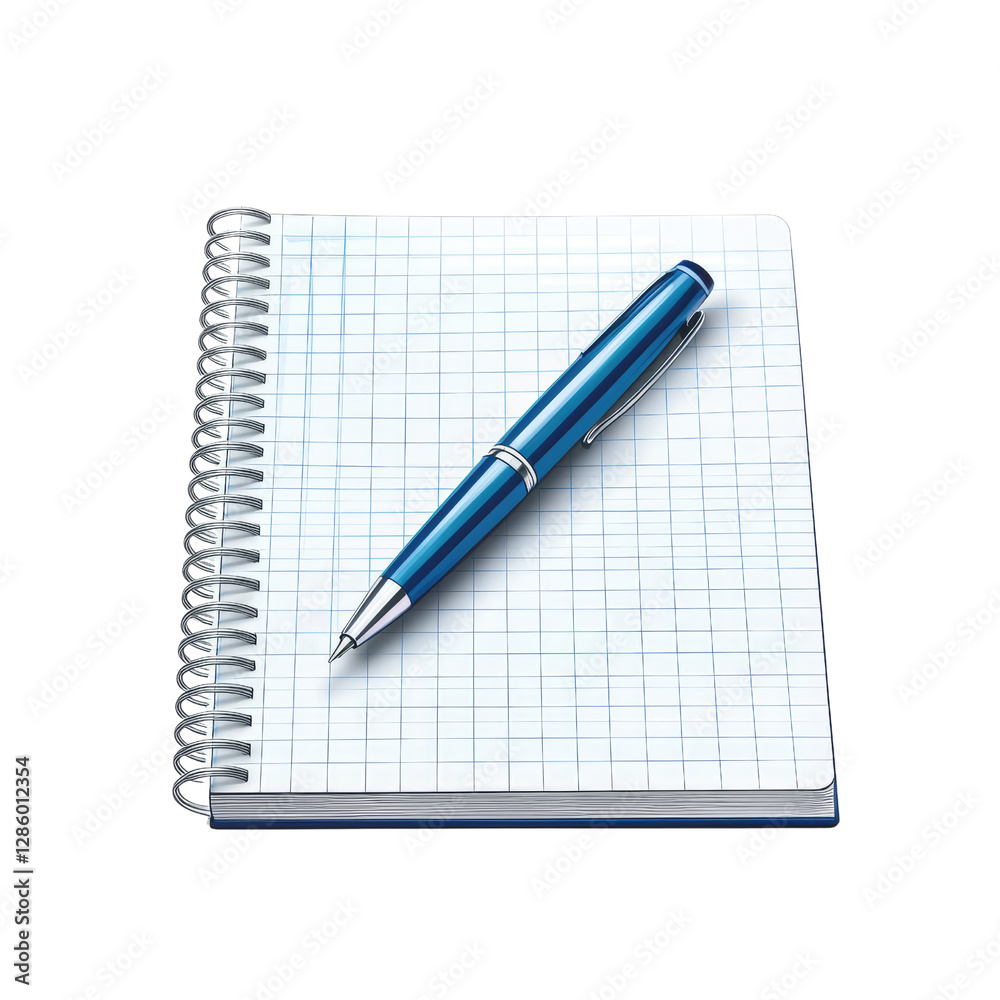 Blue Pen Resting on a Blank Spiral Notebook with Grid Pattern for School or Business Use Blue Pen Resting on a Blank Spiral Notebook with Grid Pattern for School or Business Use