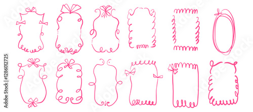 Doodle coquette frames with bows. Vintage line wavy border with ribbons set. Vector cute scribble curly rectangle and oval template foe holiday menu. Minimalistic cadre birthday hand drawn.