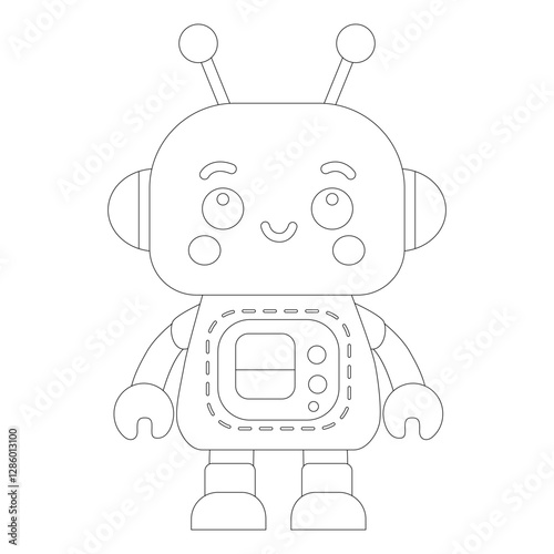 Coloring book of cheerful funny cartoon children's robot. Coloring page of cute cyborg, futuristic modern bot, android, smiling character in flat vector illustration isolated on white background.