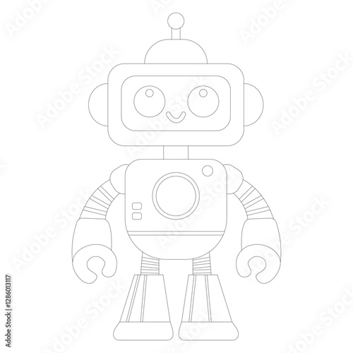 Coloring book of cheerful funny cartoon children's robot. Coloring page of cute cyborg, futuristic modern bot, android, smiling character in flat vector illustration isolated on white background.