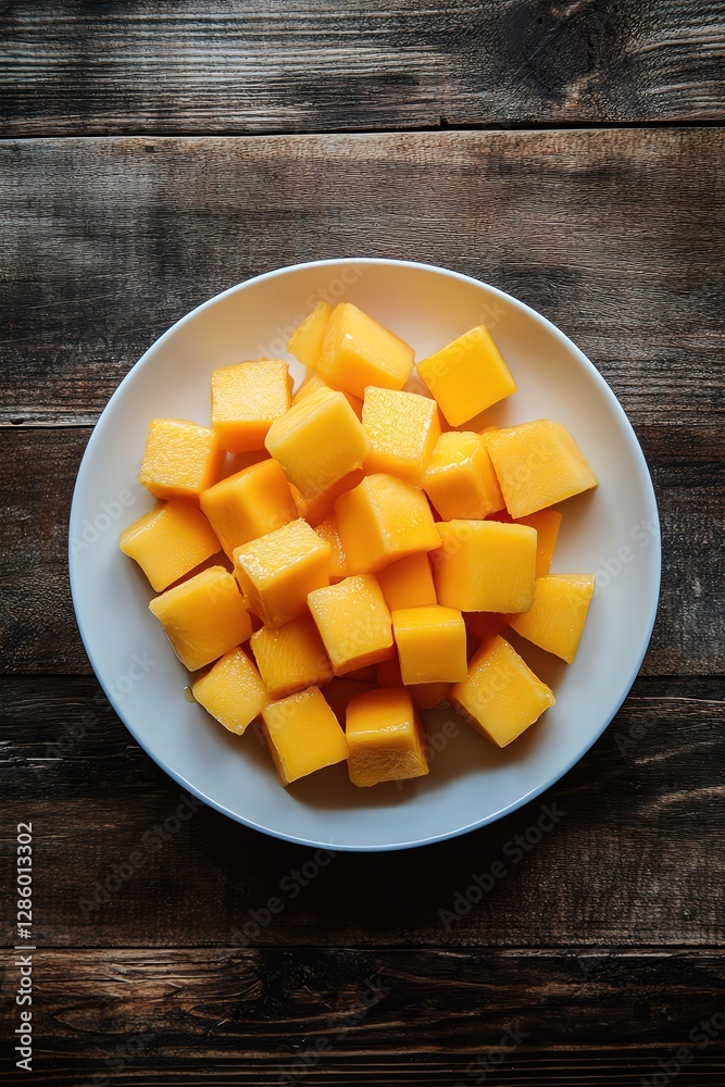Mango ice cream and fresh mango cubes on a white plate, wooden table