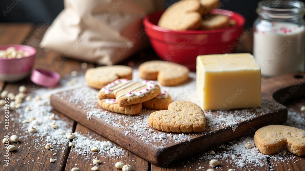 Valentine's Day Baking Scene: Rustic Table with Ingredients for Heart-Shaped Cookies - Perfect for Recipe Blogs and Bakery Ads Valentine's Day Baking Scene: Rustic Table with Ingredients for Heart-Shaped Cookies - Perfect for Recipe Blogs and Bakery Ads