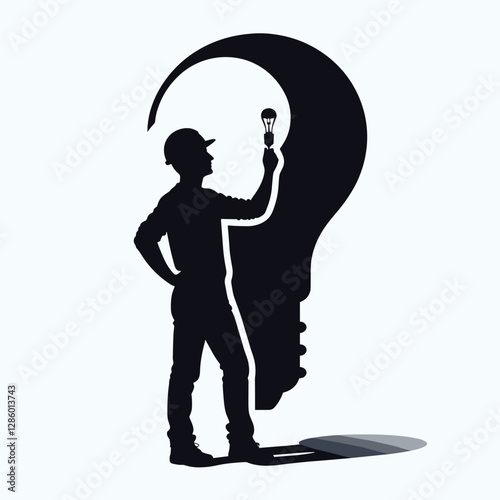 Silhouette of Engineer with Lightbulb in Question Mark Shadow - Creative Idea Concept in Flat Illustration
