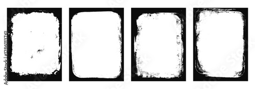 Grunge frames set templates. Ink paint border with rough edges for poster and banner. Retro textured overlays. Rectangular old black abstract flyer backgrounds. Vector design illustration.
