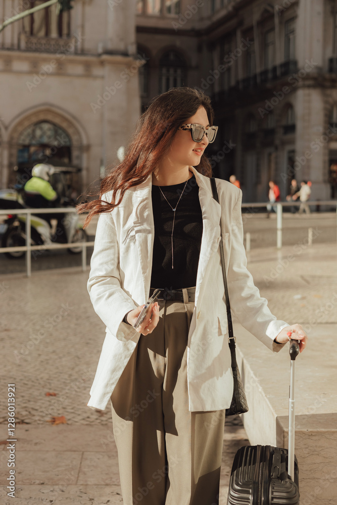 Fototapeta premium Vlogger traveler woman with suitcase using phone at train station in Lisbon. Business travel and solo tourism concept. Gen Z girl influencer shooting social media stories on the street