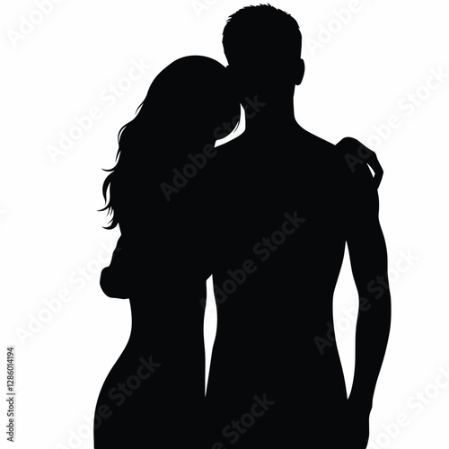 Silhouette of a Romantic Couple in Embrace - Black and White Illustration