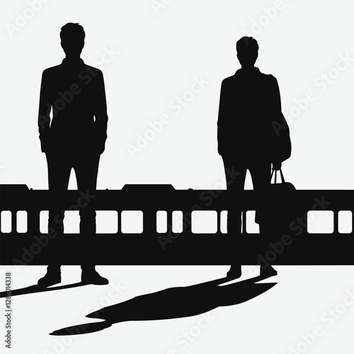 Commuters Silhouette on Train Platform - Minimalist Vector Illustration