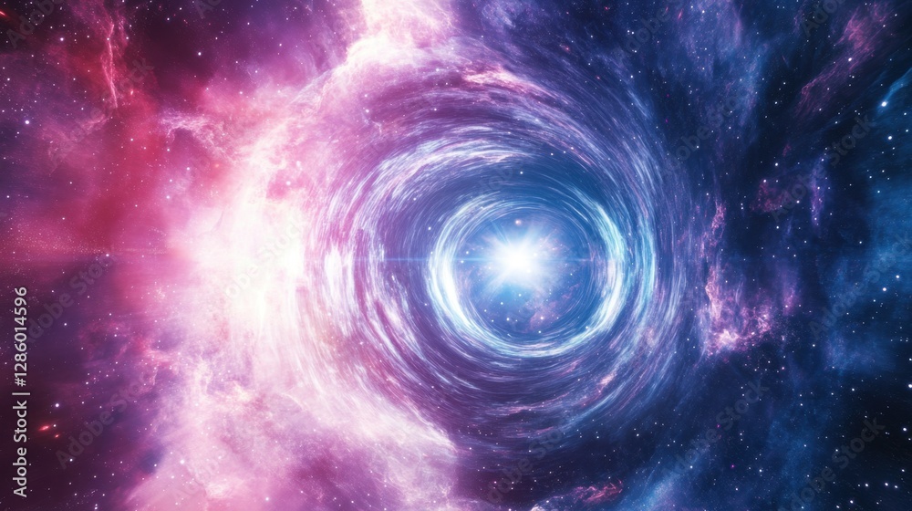 Obraz premium A futuristic spacecraft exits a wormhole, emerging into a breathtaking nebula-filled galaxy