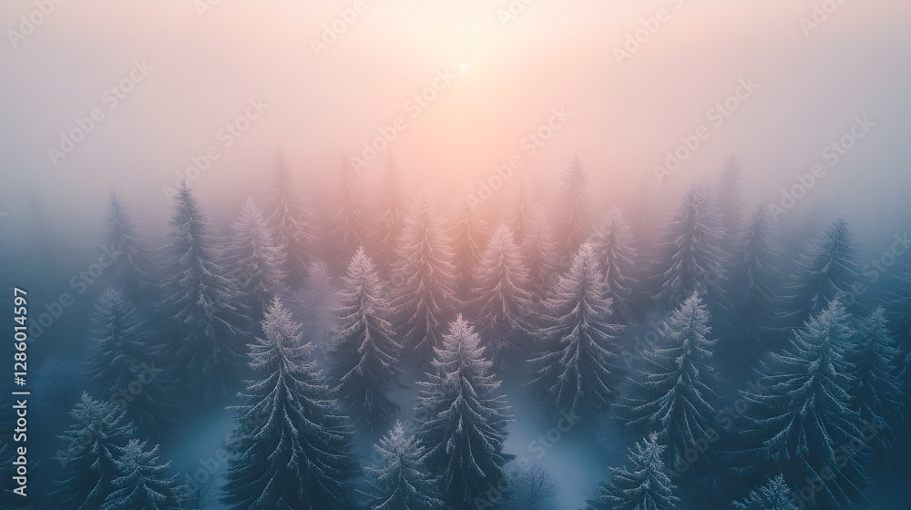 Frost-covered pine trees stretch endlessly under a soft pink sunrise haze, captured in stunning 100MP resolution, perfect for large-format winter landscape prints. Frost-covered pine trees stretch endlessly under a soft pink sunrise haze, captured in stunning 100MP resolution, perfect for large-format winter landscape prints.