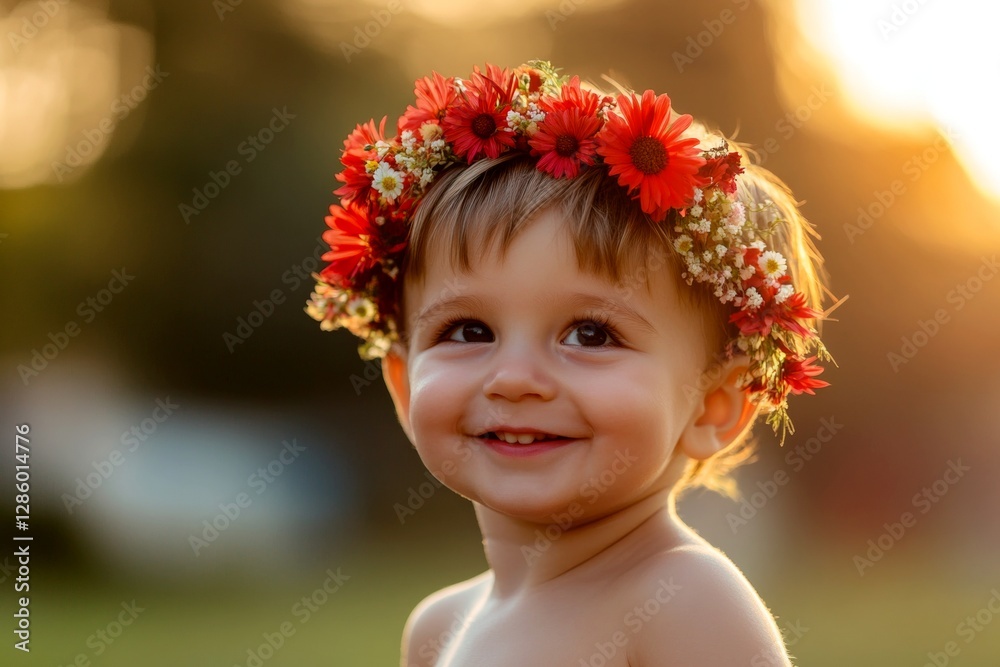 Golden hour in sunset. Happy caucasian toddler boy with brown hair wearing red flower crown on his head. Happy holiday season holidays visual idea layout. Child enjoying the beauty of summer. Golden hour in sunset. Happy caucasian toddler boy with brown hair wearing red flower crown on his head. Happy holiday season holidays visual idea layout. Child enjoying the beauty of summer.