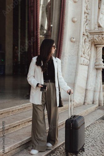 Vlogger traveler woman with suitcase using phone at train station in Lisbon. Business travel and solo tourism concept. Gen Z girl influencer shooting social media stories on the street