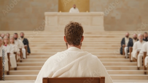 Man in white robe seated in church, listening to speaker photo