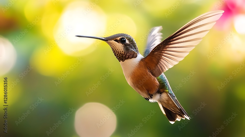 Fototapeta premium A hummingbird in flight, wings spread, against a blurred green background.