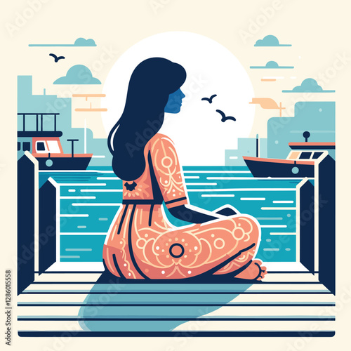 Serene Waterfront Reflection Woman Meditating at Harbor in Retro Style Flat Illustration
