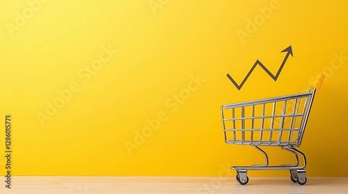 A shopping cart on a yellow background with an upward arrow, symbolizing growth and success in e-commerce.