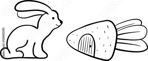 Cute sketch rabbit animal character with his carrot shape house