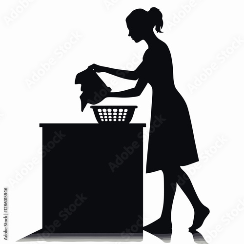 Silhouette of Woman Doing Laundry Domestic Chore in Black and White Art