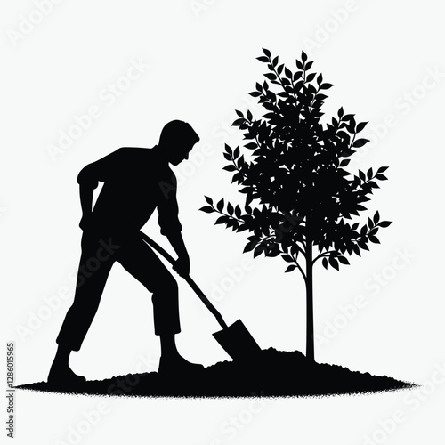 Gardening Silhouette Illustration of Man Planting Tree with Shovel