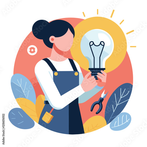 Creative Ideas Concept with Female Inventor Holding Light Bulb - Flat Illustration