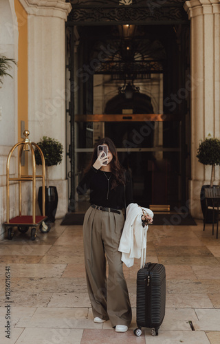 Vlogger traveler woman recording video on phone camera share via app her travel vacation in the city. Gen Z girl influencer shooting social media stories on the street. UGC