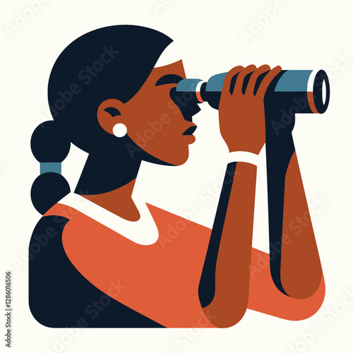 Exploring New Horizons Woman with Binoculars in Modern Flat Illustration