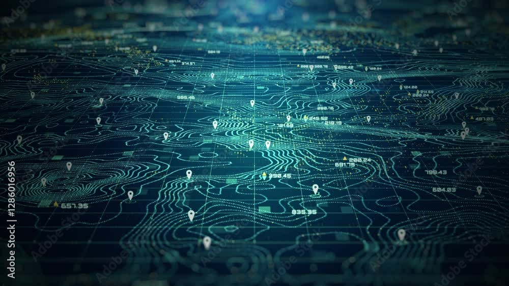 High-tech digital topographic map with glowing data points, GPS markers, and geospatial analytics. Technology big data, and geospatial concepts. Future abstract background 4k