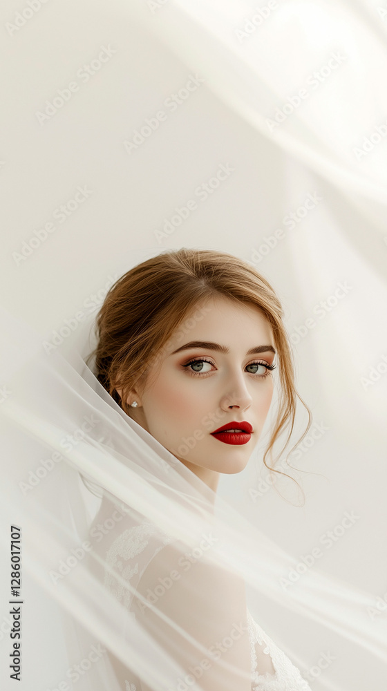 Bride with bold lipstick and elegant hairstyle captures attention in soft light Bride with bold lipstick and elegant hairstyle captures attention in soft light