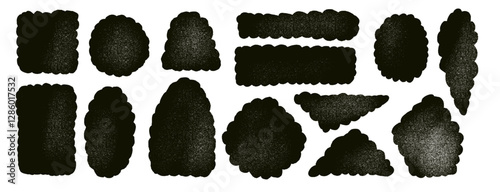 Charcoal scallop shape set. Grunge noise text boxes frames pack. Oval, circle and triangle figures. Vector hand drawn quotation stickers shapes. Flat geometric figures illustration isolated.