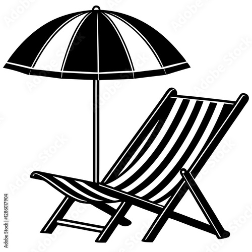 A black  silhouette of a deck chair is accompanied by a large beach umbrella