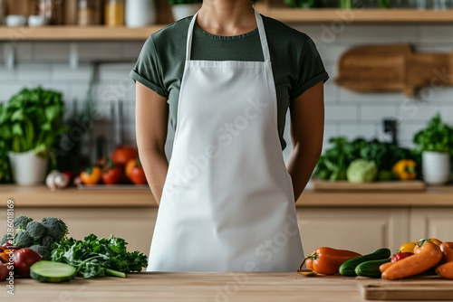 Mockup of a plain white apron worn by an Asian man in a bright, airy kitchen, surrounded by baking tools and freshly baked bread. The apron surface is clean and free of any shadows.