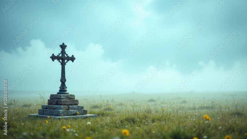 Fototapeta premium Cross on top of a grave with misty surroundings.