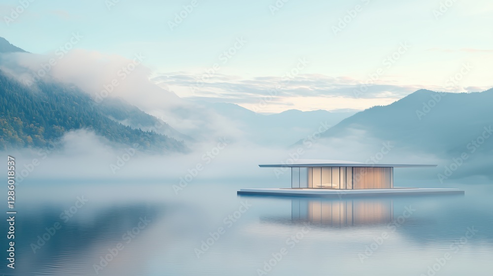 Obraz premium Serene lake house, misty mountains.