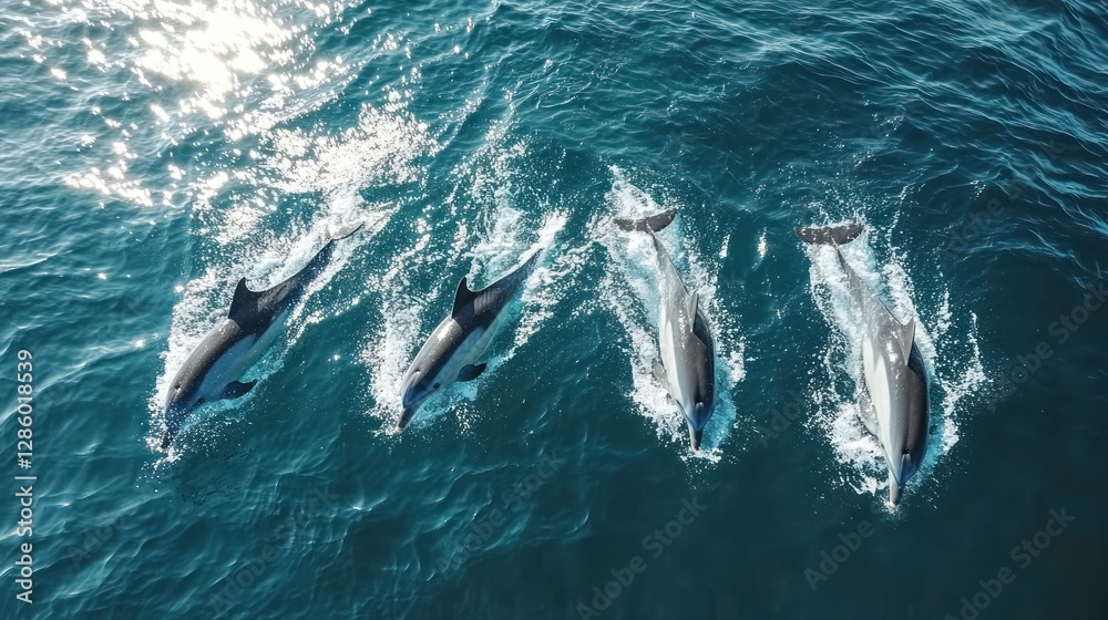 Fototapeta premium Aerial view of dolphins leaping in ocean; sunlit water background. Possible use nature, wildlife, travel