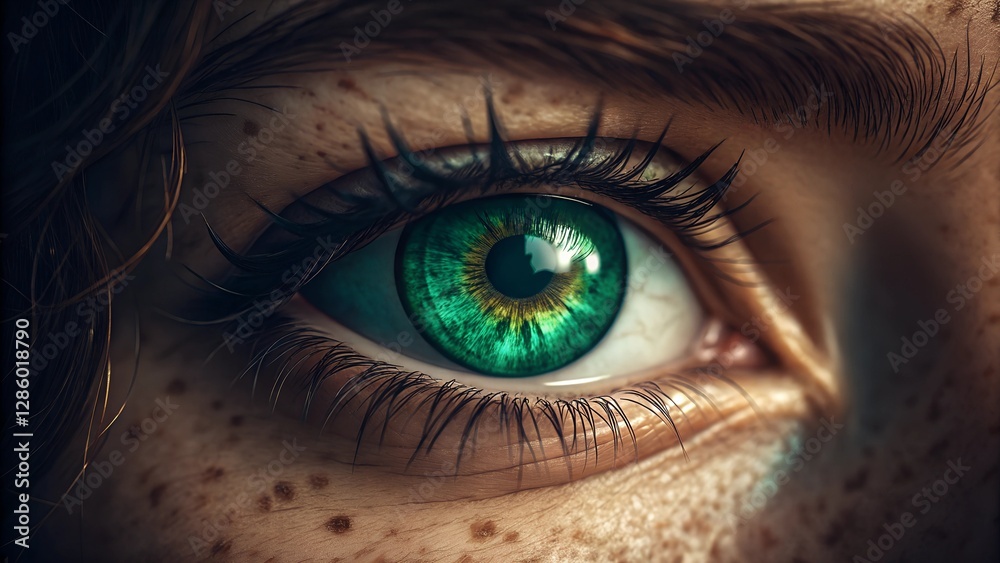 Fototapeta premium Emerald Gaze: A captivating close-up of a vibrant green eye, full of intrigue, detailed freckles and delicate eyelashes, inviting viewers into a realm of introspection and beauty.