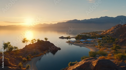 Serene sunrise over mountain lake.