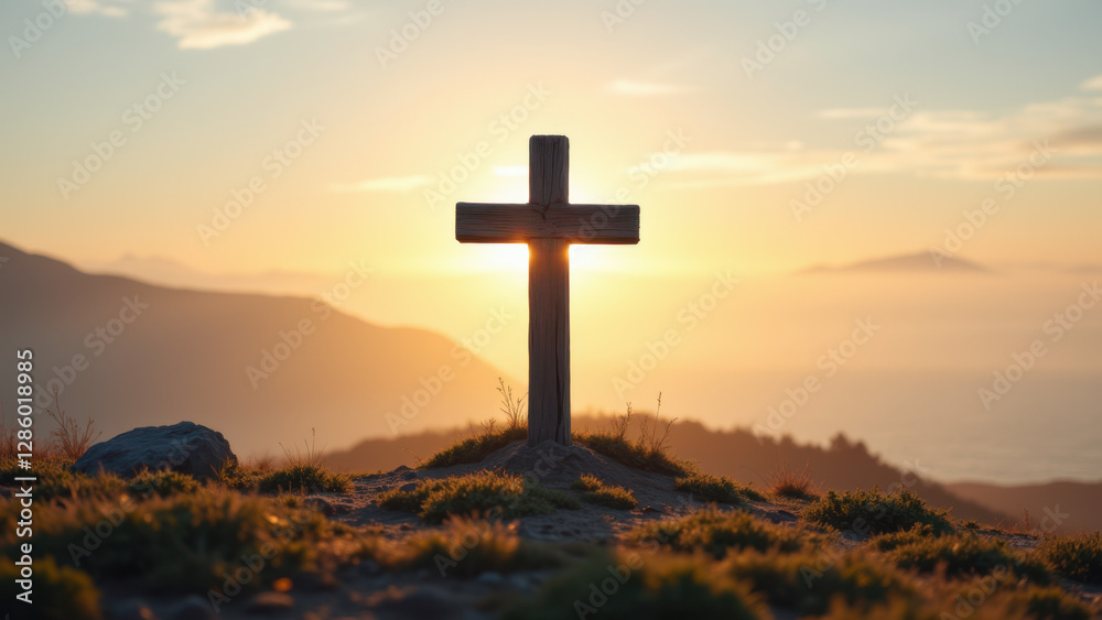 A solitary cross on a hill with a breathtaking landscape during sunrise or sunset, symbolizing faith against a serene backdrop. A solitary cross on a hill with a breathtaking landscape during sunrise or sunset, symbolizing faith against a serene backdrop.