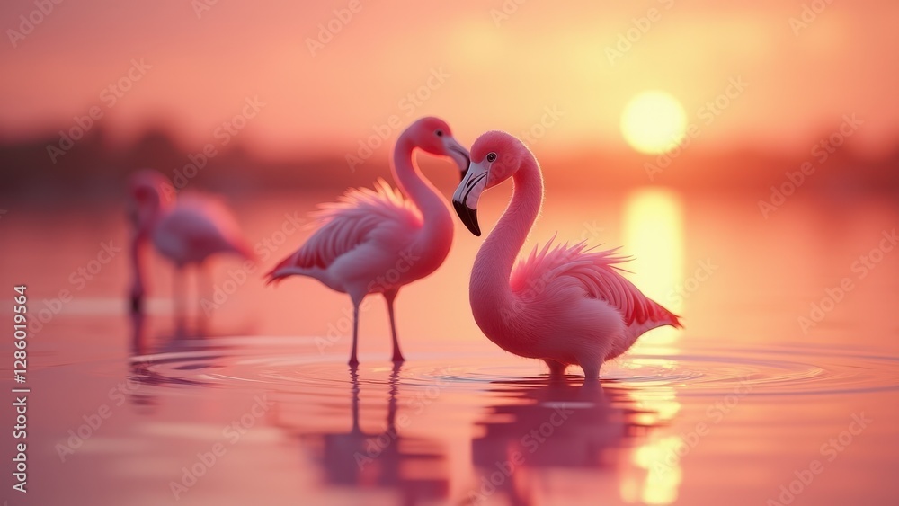 Fototapeta premium Baby flamingo, A baby flamingo stands in shallow pink water at sunset glowing under warm light in a serene lagoon.