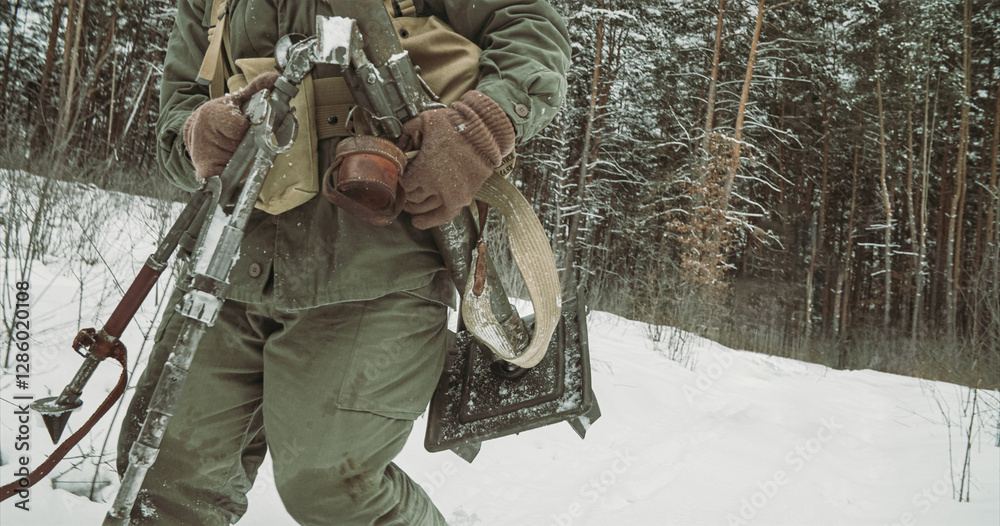 Usa Army Soldiers Of World War Ii. Re-enactors Dressed As American Infantry Soldier Going Through Forest Road With Mortar. Two Usa Soldiers Marching By Country Road.