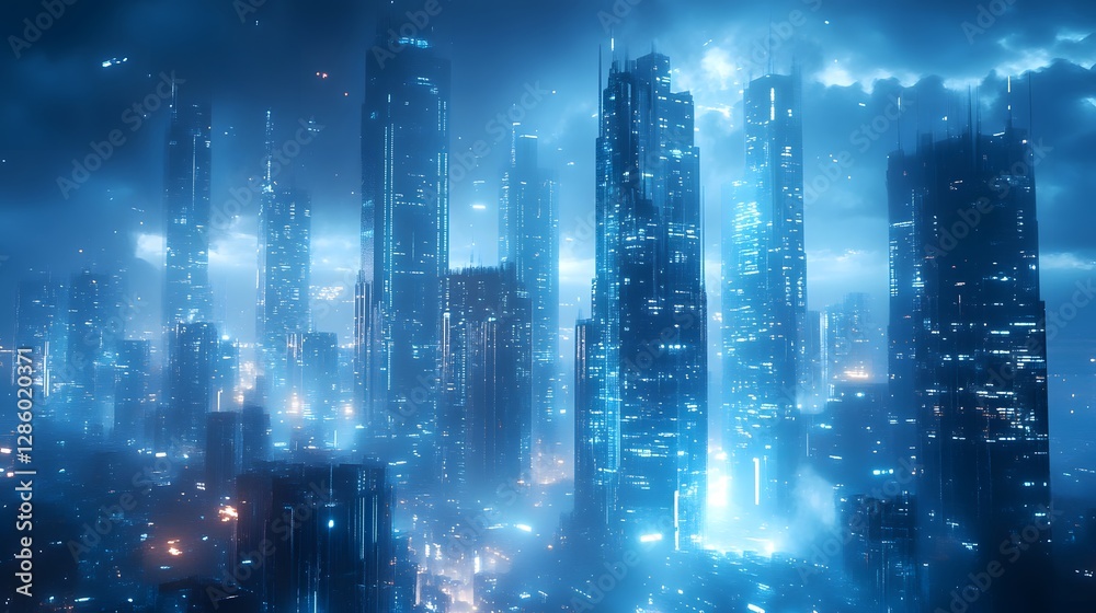 Futuristic cityscape displays translucent glass skyscrapers and floating metallic spheres, illuminated by a cyberpunk palette of electric blue and chrome silver with cinematic lighting. Futuristic cityscape displays translucent glass skyscrapers and floating metallic spheres, illuminated by a cyberpunk palette of electric blue and chrome silver with cinematic lighting.