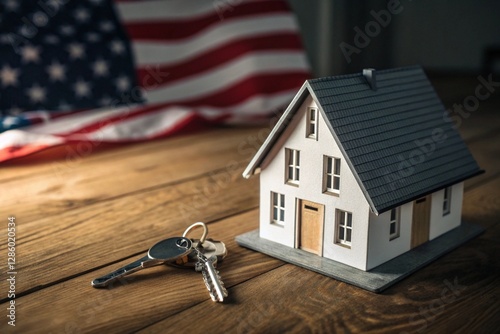 Miniature model house and keys with blurred American flag background
