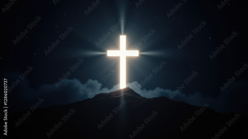 A cross shining with rays of light against a night sky background. A cross shining with rays of light against a night sky background.