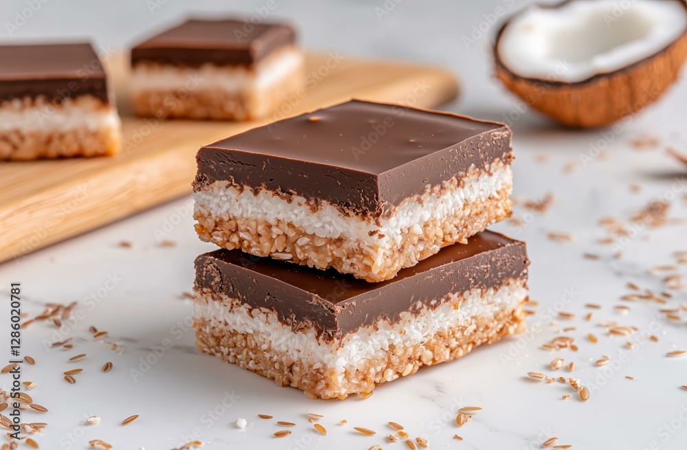 Delicious chocolate coconut bars with crispy base on a marble table Delicious chocolate coconut bars with crispy base on a marble table