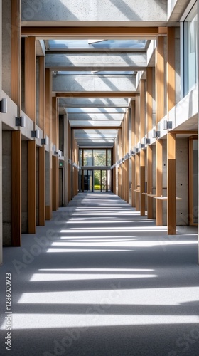 Sunlit modern hallway, exit ahead, building interior, architectural photography